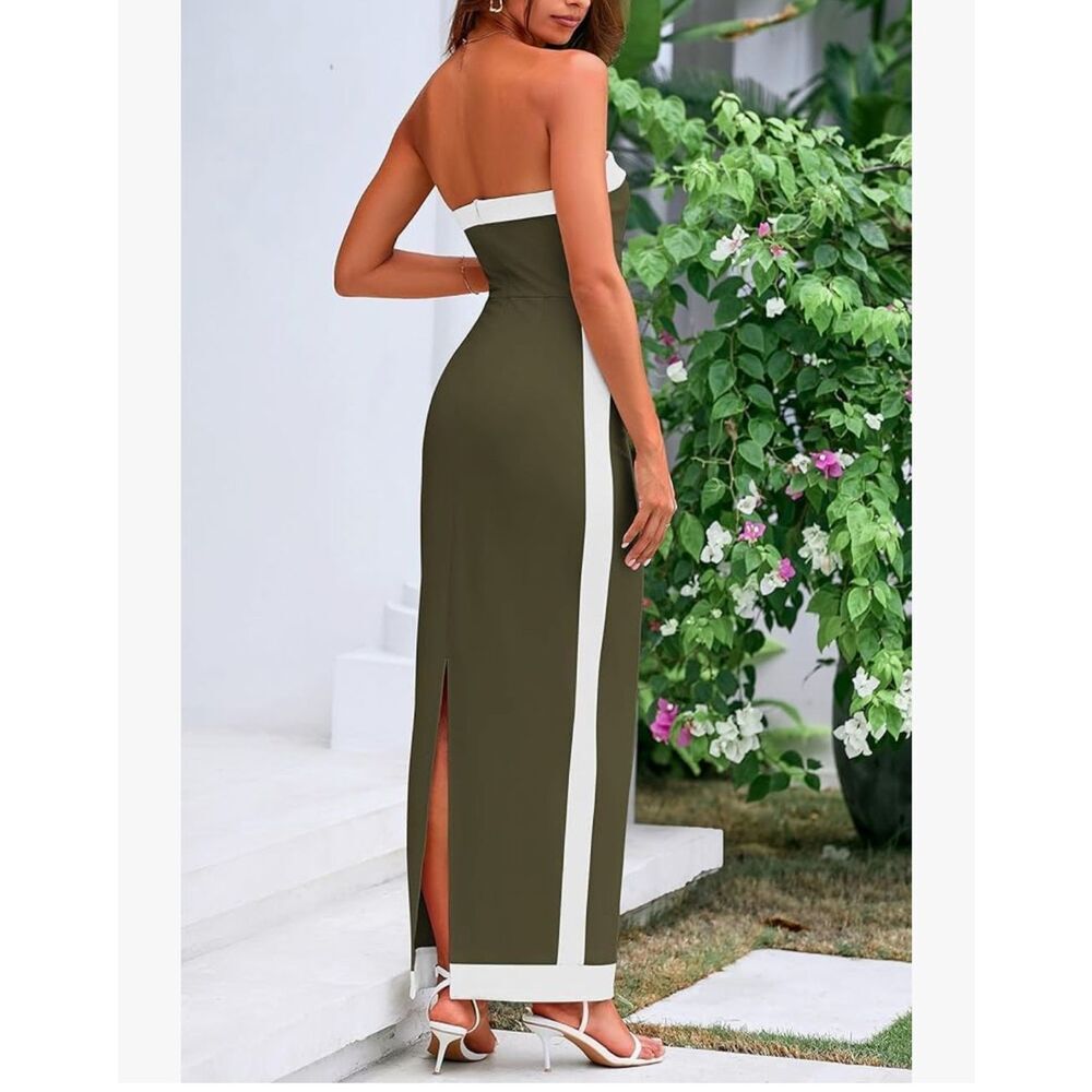 NEW Olive Green Bodycon Strapless Slit Cocktail Party Tube Maxi Dress S - Picture 2 of 7